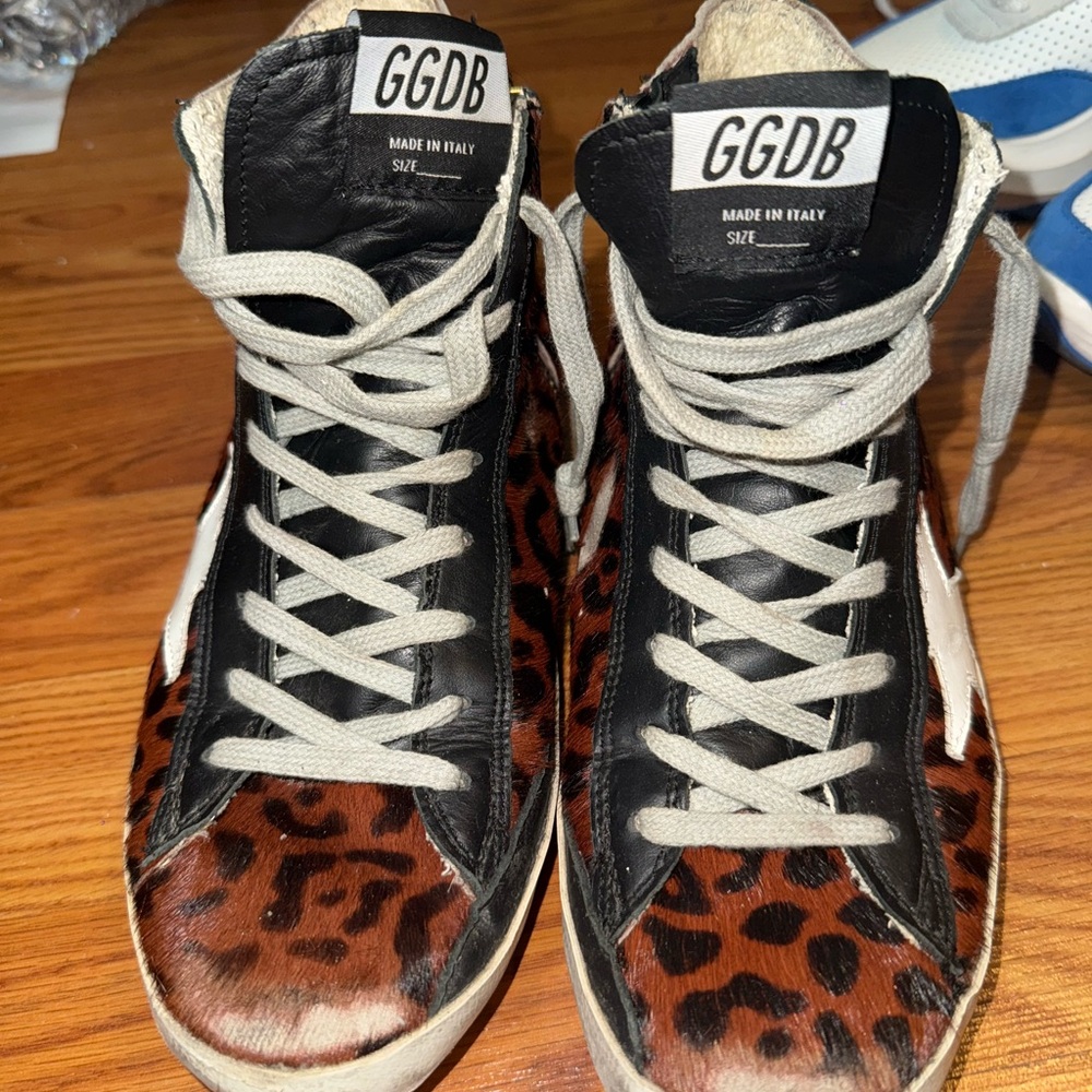 Golden Goose Leopard Print High-Top Sneakers with Black Trim